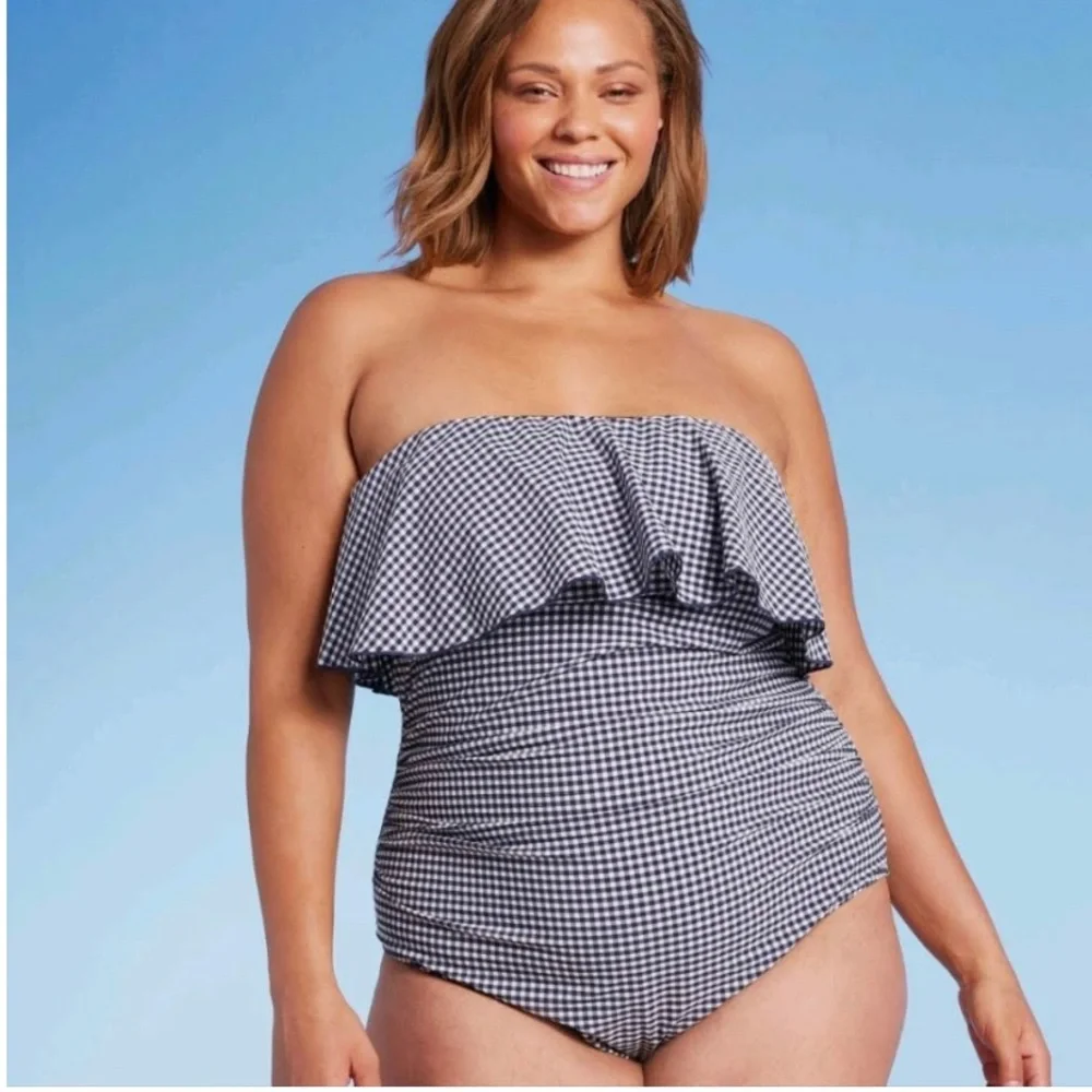 Kona Sol Blue Gingham swimsuit with bandeau flounce top accent Fully lined - Picture 2 of 12